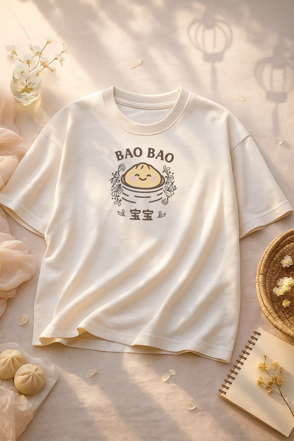 "Bao Bao" Oversized Shirt – WhiteFront detail embroidery close up 