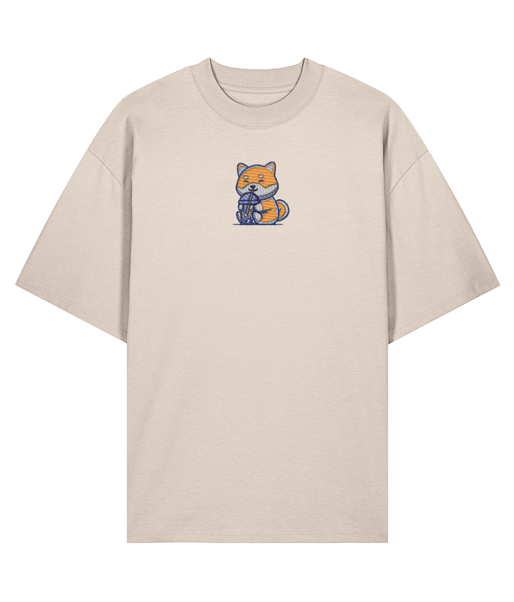 Boba Milk Tea Embroidered Oversized Shirt – Creme front fox