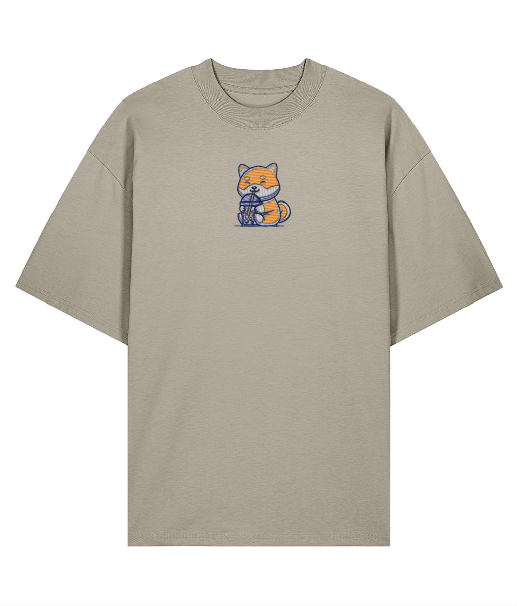 Boba Milk Tea Embroidered Oversized Shirt – Mineral grey front