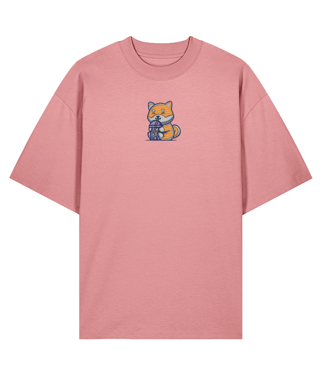Boba Milk Tea Embroidered Oversized Shirt – Pink front