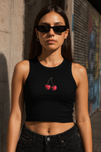 Cherry Embroidered Baby Tank – Black worn detail