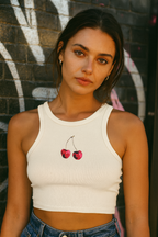 Cherry Embroidered Baby Tank – white worn