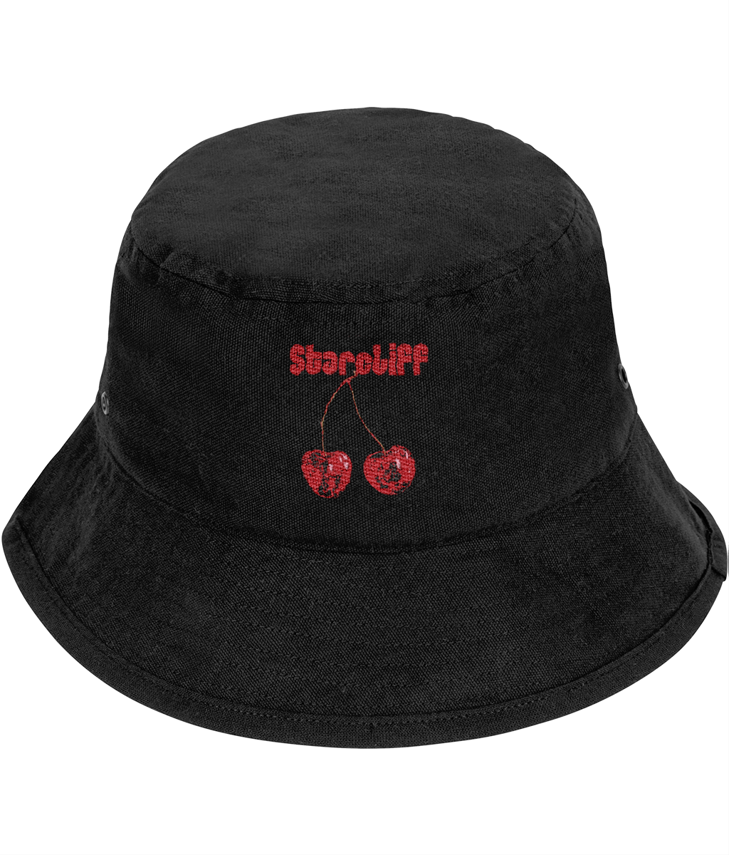 Cherry Embroidered Bucket Hat –  Black Front