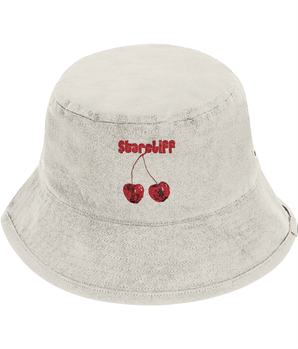 Cherry Embroidered Bucket Hat – Detail Close-Up