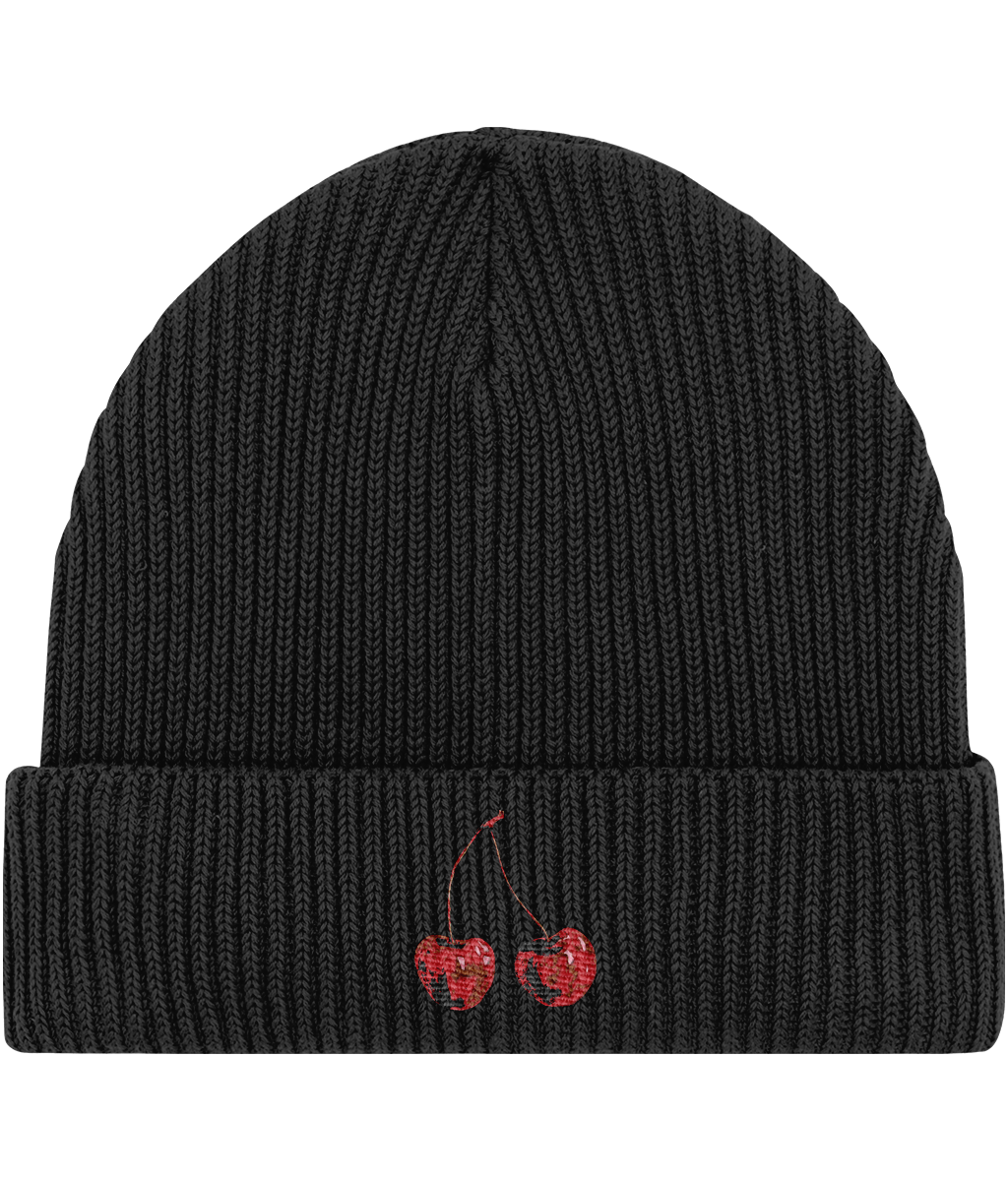 Cherry Embroidered Fisherman Beanie  Black front