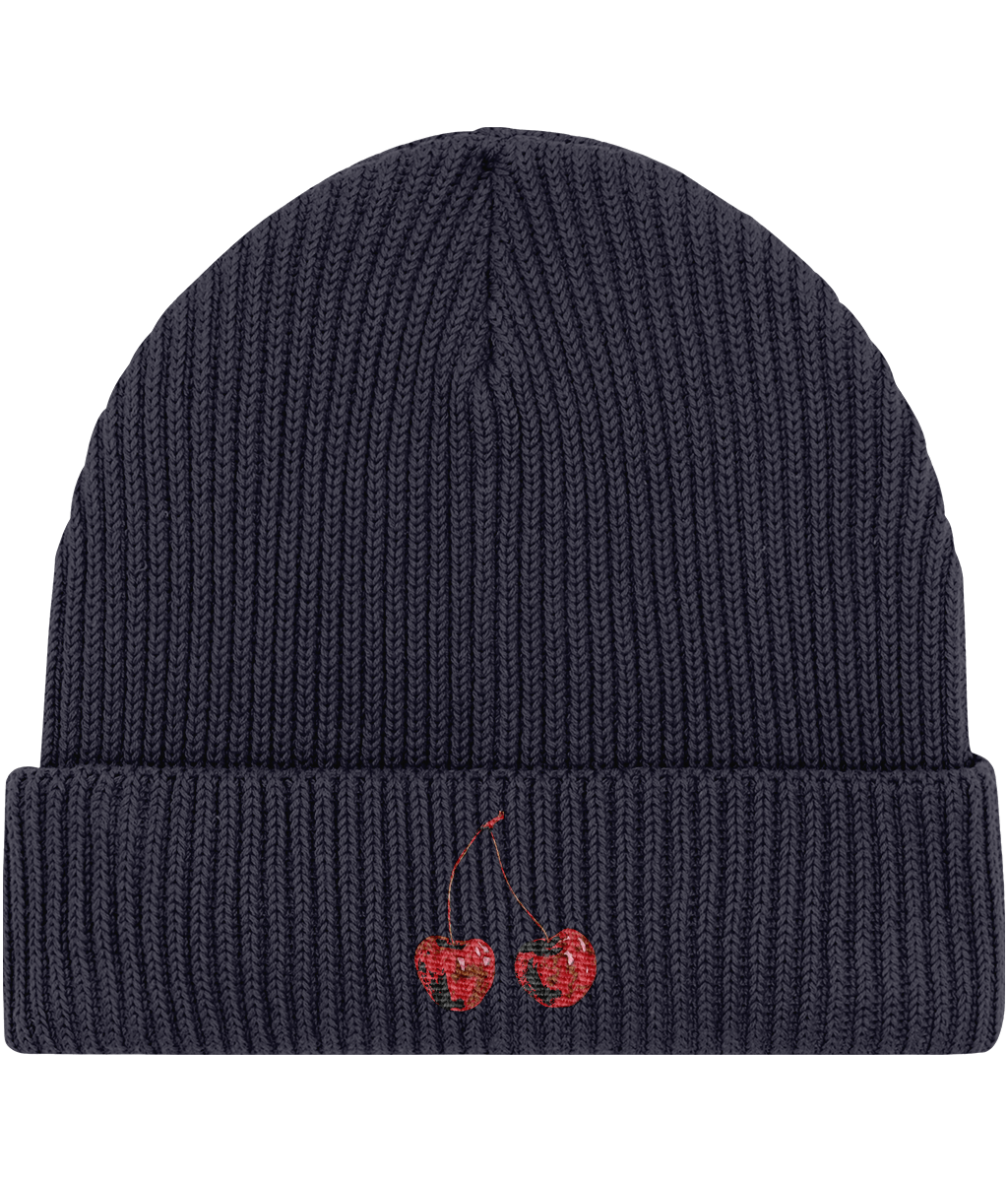Cherry Embroidered Fisherman Beanie  Blue Navy front