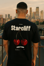 Cherry Oversized Boxy Shirt – Black, Blue, Brown & Grey | Organic Cotton with Embroidery by Starcliffart black worn back view