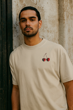 Cherry Oversized Boxy Shirt – creme cherry detail worn