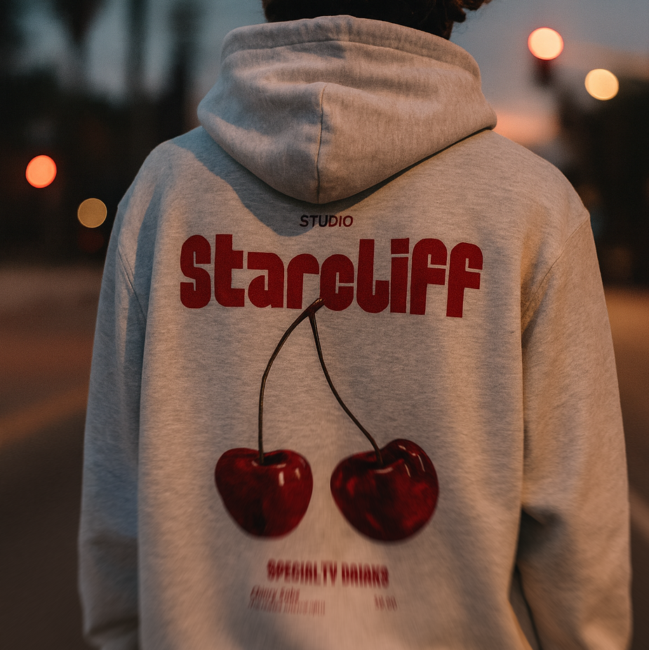 Cherry Oversized Hoodie – Grey worn