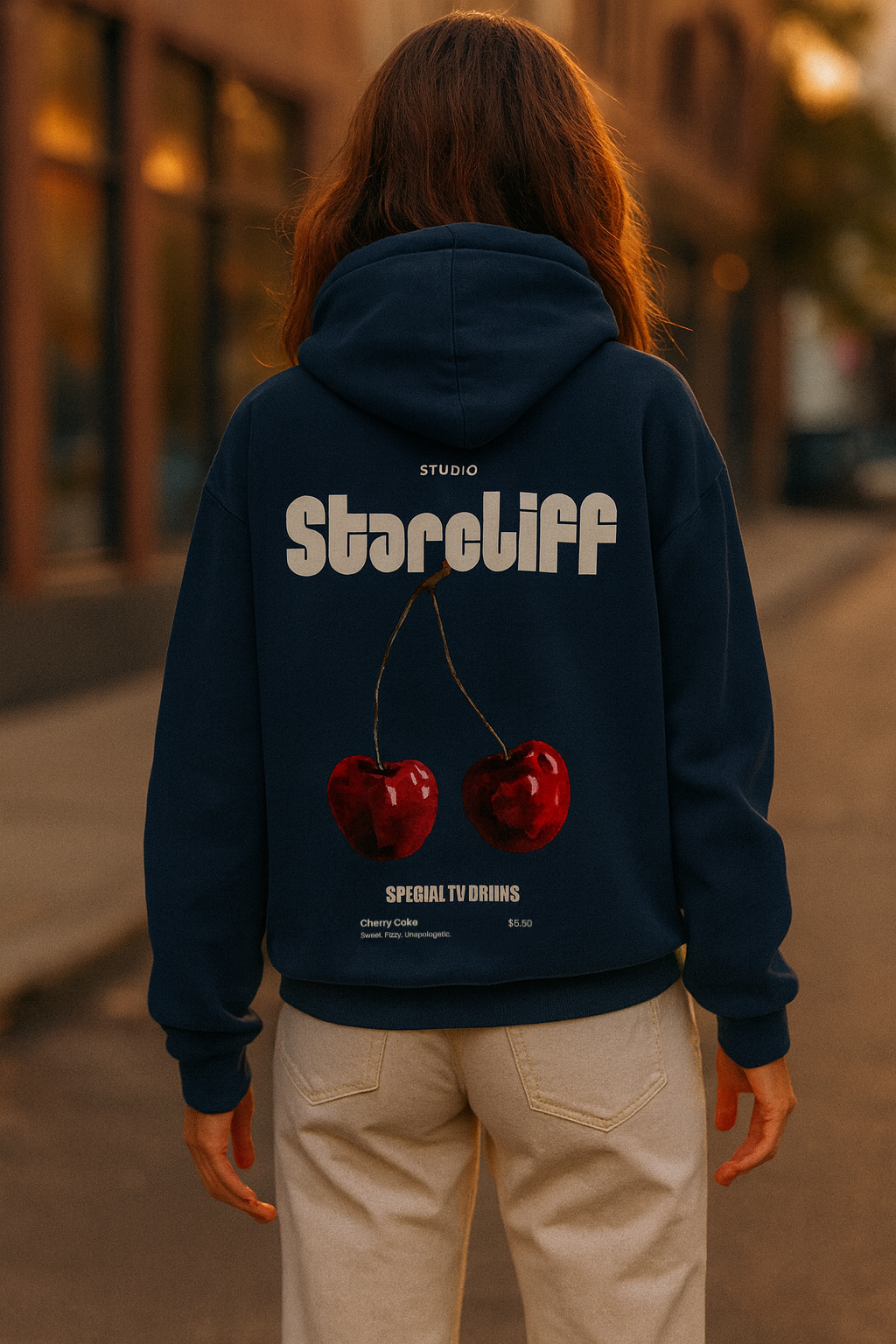 Cherry Oversized Hoodie –  blue navy worn back