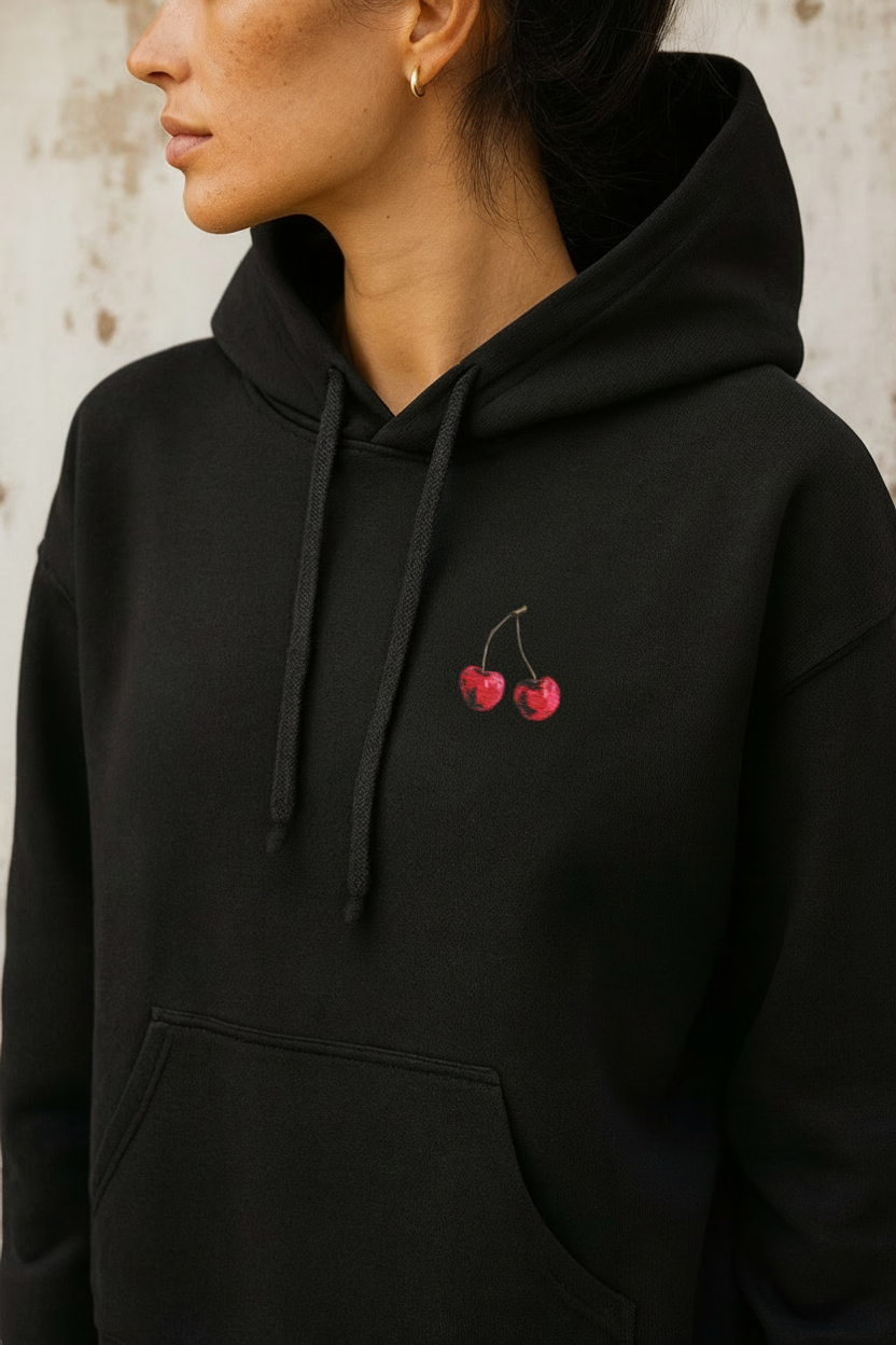 Cherry Oversized Hoodie –  black front detail worn