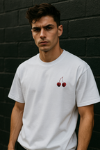 Cherry Shirt white front small cherry detail embroidery worn
