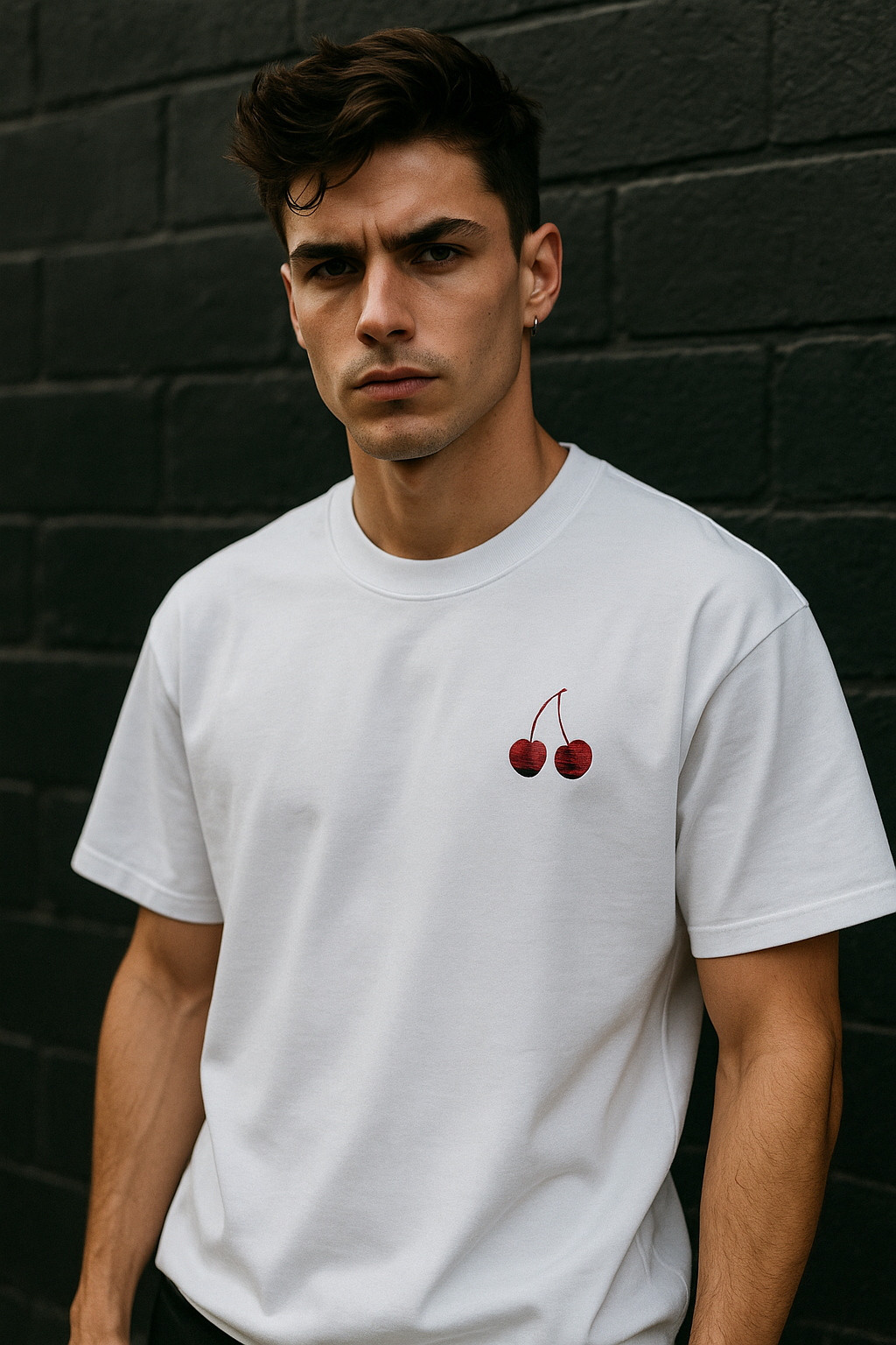 Cherry Shirt white front small cherry detail embroidery worn