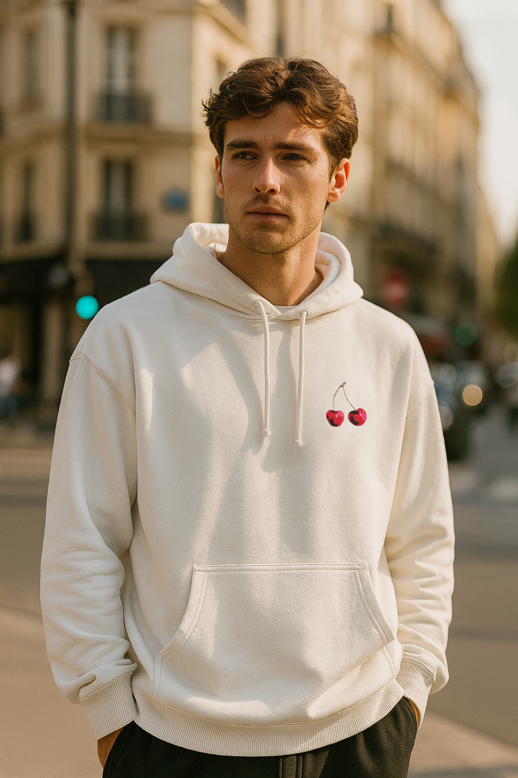 Cherry oversized hoodie front embroidery worn 