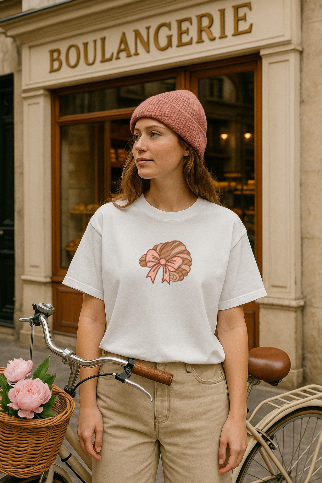 French Croissant & Bow Embroidered Oversized Shirt – White Worn front 