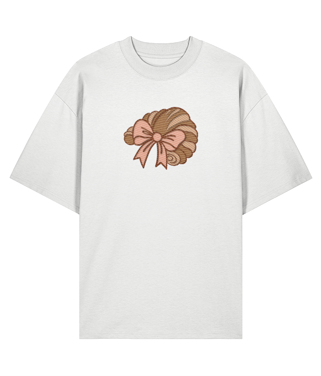 "French Croissant & Bow" Oversized Shirt –white
