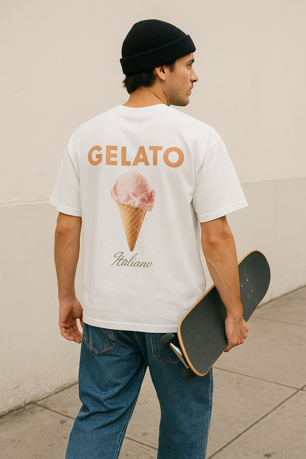 "Gelato Italiano Dessert" Oversized Shirt – White worn back