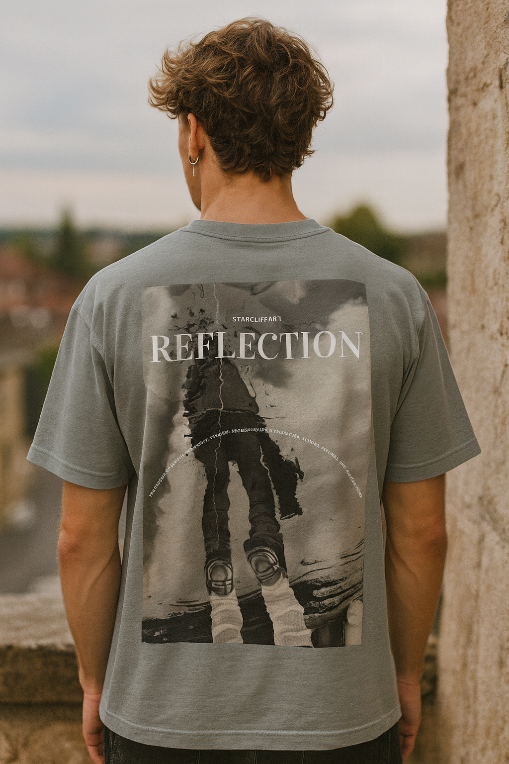 Reflection Oversized, Boxy Shirt White, Cream & Grey – Organic Cotton by Starcliffart Grey print model 