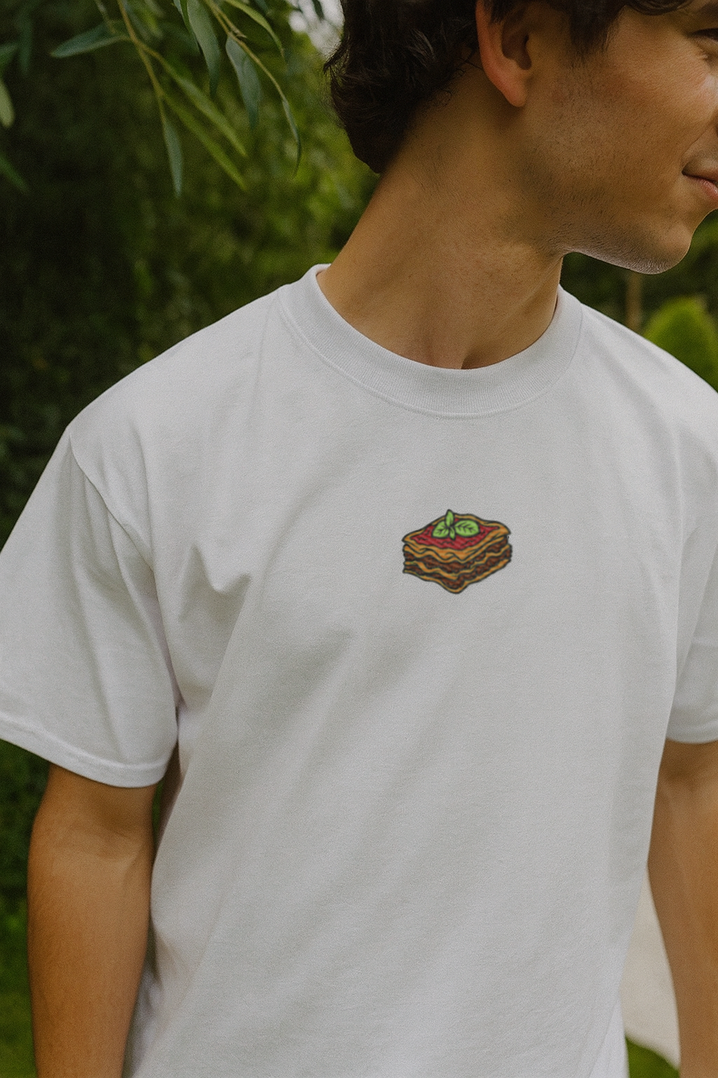 Italian Lasagna Embroidered Oversized Shirt –Front worn