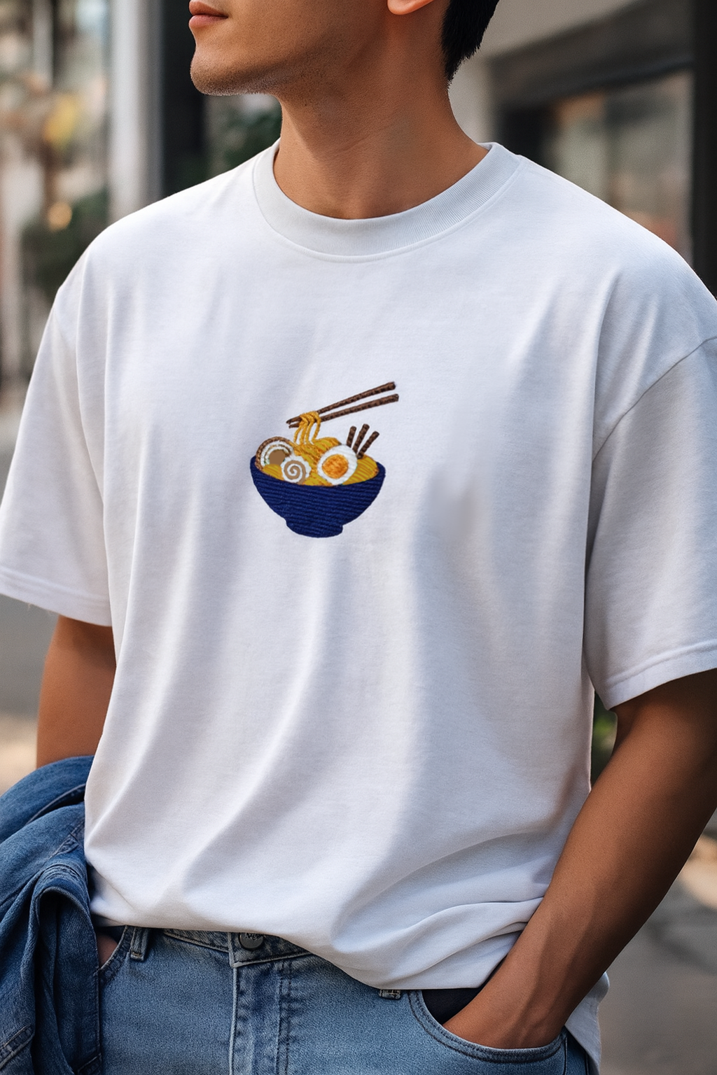 "Japanese Naruto Ramen" Oversized Shirt –  detail embroidery worn