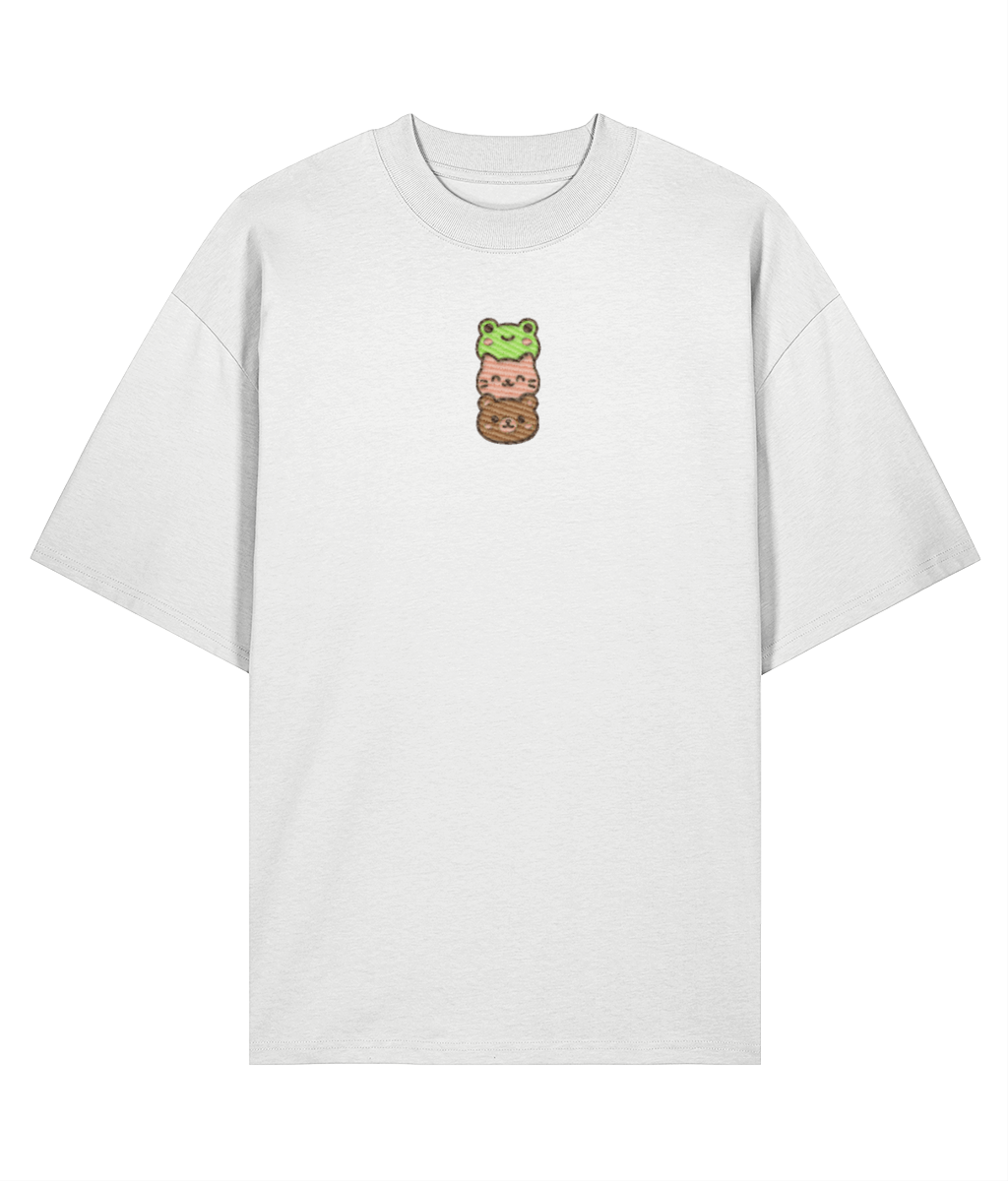 Kawaii Mochi Animals Embroidered Oversized Shirt – White