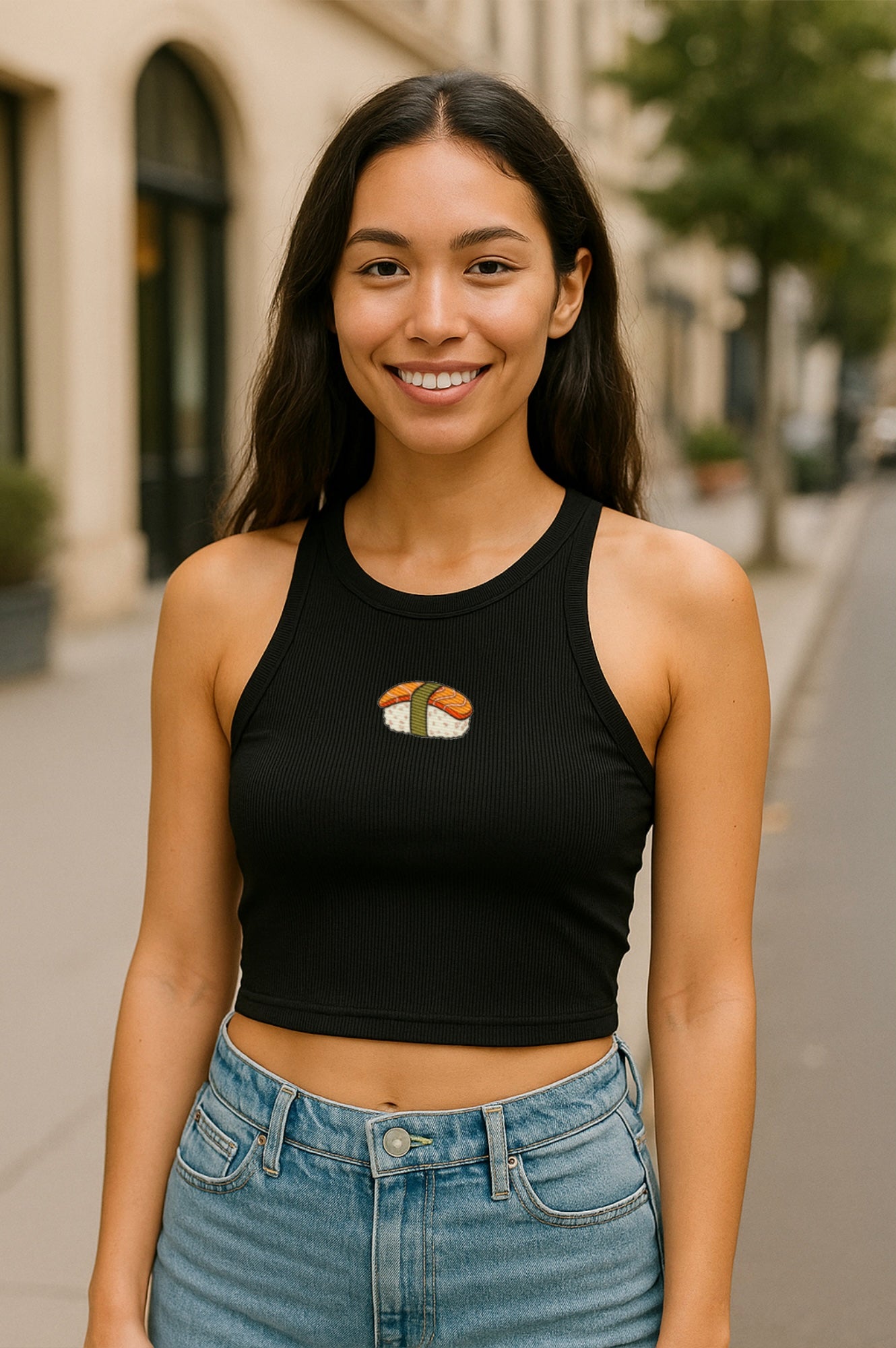 “Nigiri Sushi“ Embroidered Baby Tank –  black worn