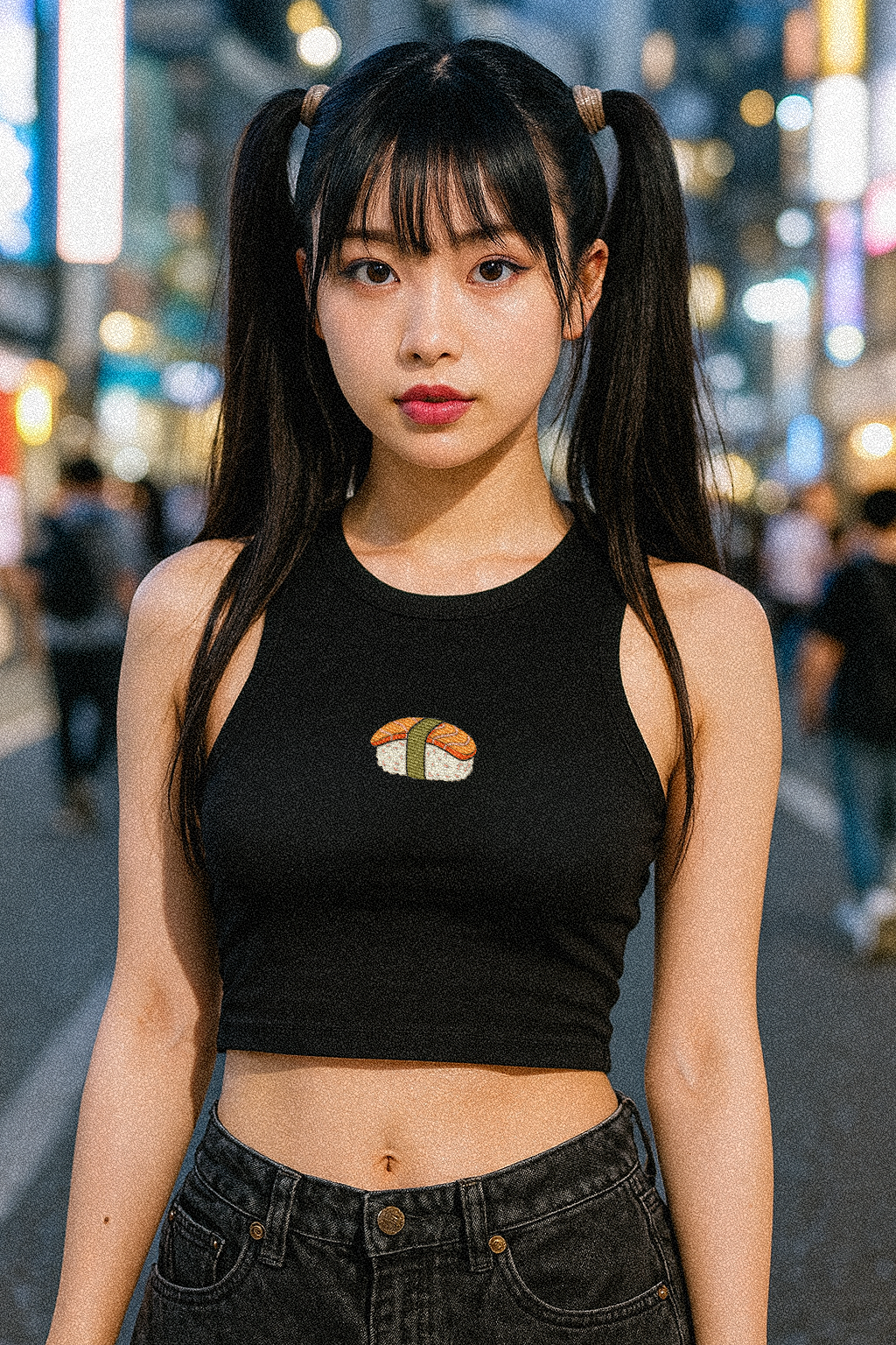 “Nigiri Sushi“ Embroidered Baby Tank –  black worn lifestyle shot