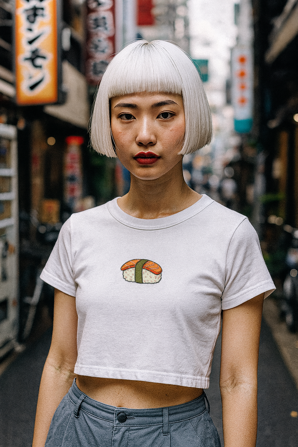 "Nigiri Sushi" Embroidered Baby Tee – WHITE WORN LIFESTYLE SHOT