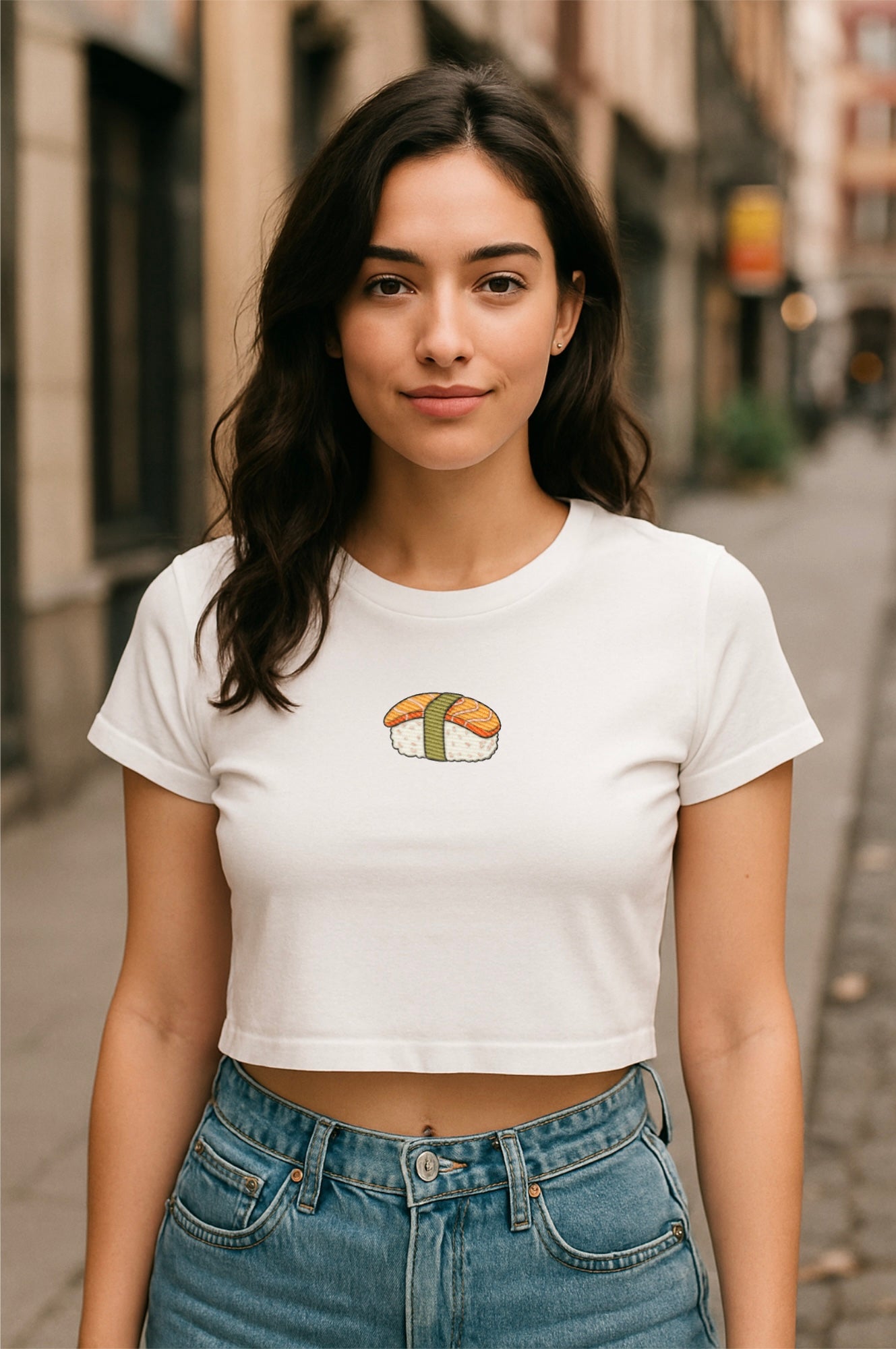"Nigiri Sushi" Embroidered Baby Tee – white worn