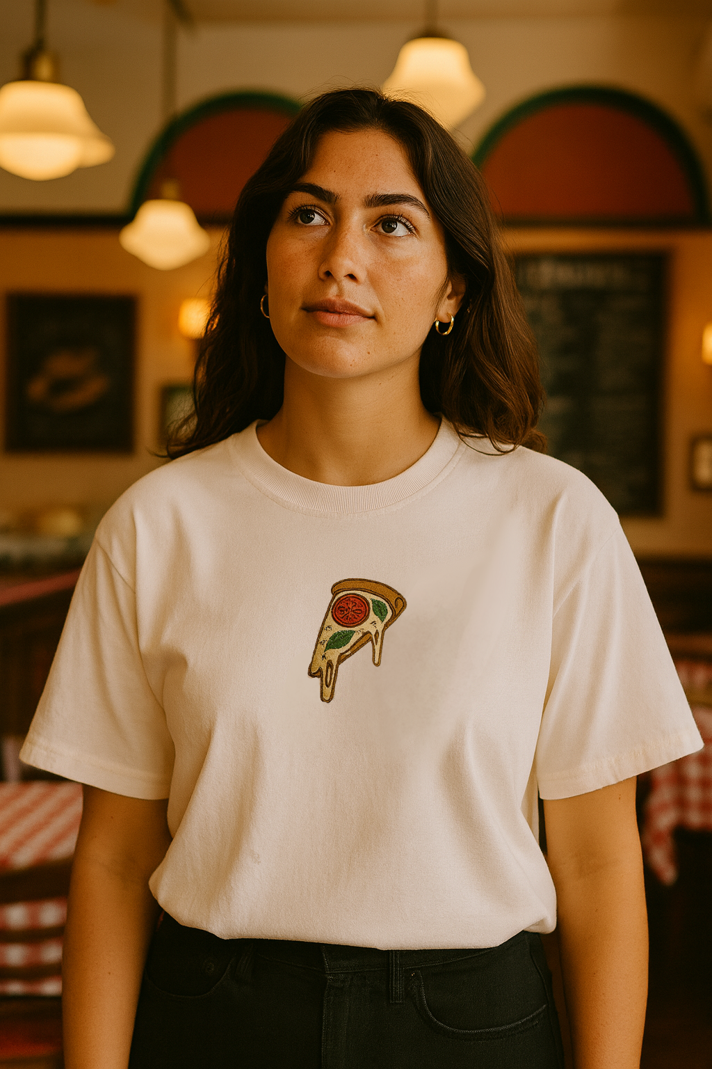 Pizza time shirt worn with a pizza embroidery 