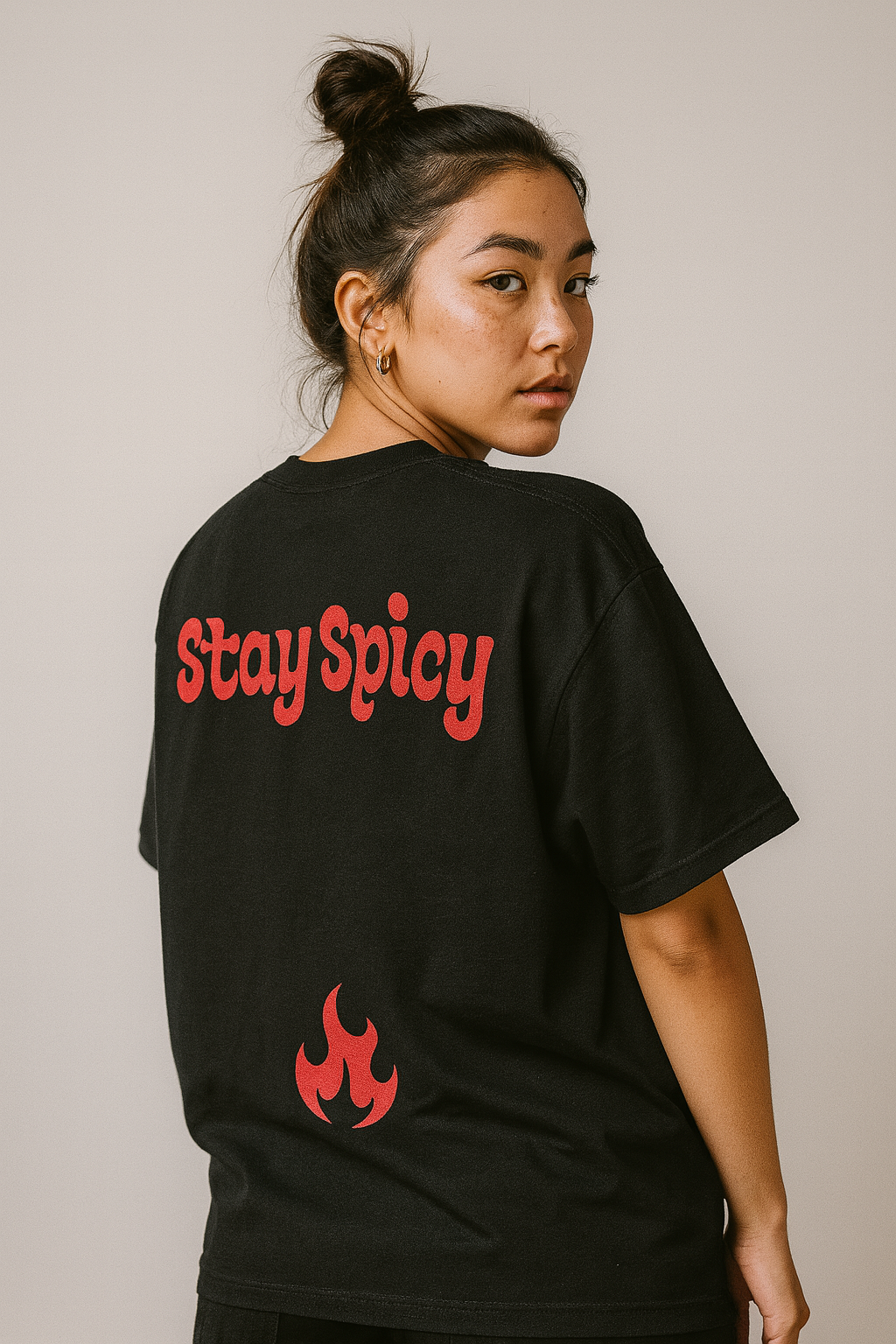 Stay Spicy Embroidered Oversized Boxy Shirt – back view red font worn