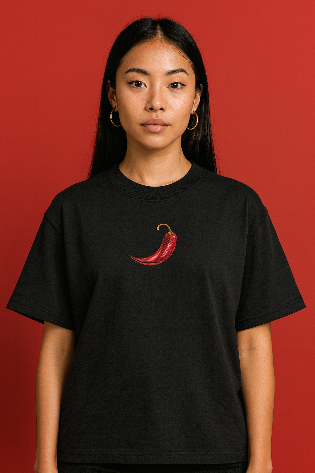 Stay Spicy Embroidered Oversized Boxy Shirt – red chilli pepper embroidery worn front black