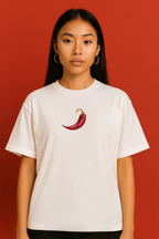 Stay Spicy Embroidered Oversized Boxy Shirt – red chilli pepper embroidery worn front white