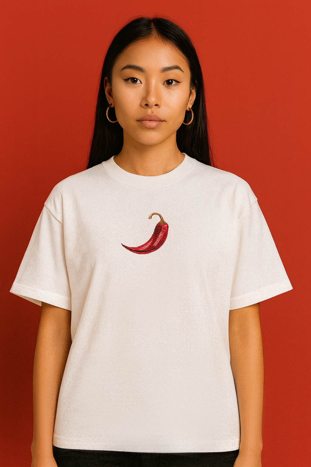 Stay Spicy Embroidered Oversized Boxy Shirt – red chilli pepper embroidery worn front white