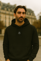 Vanitas Gothic Oversized Hoodie – Black front logo detail worn