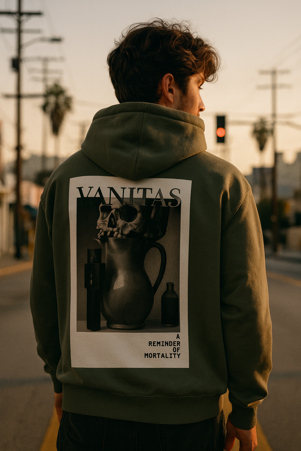 Vanitas Gothic Oversized Hoodie – khaki worn