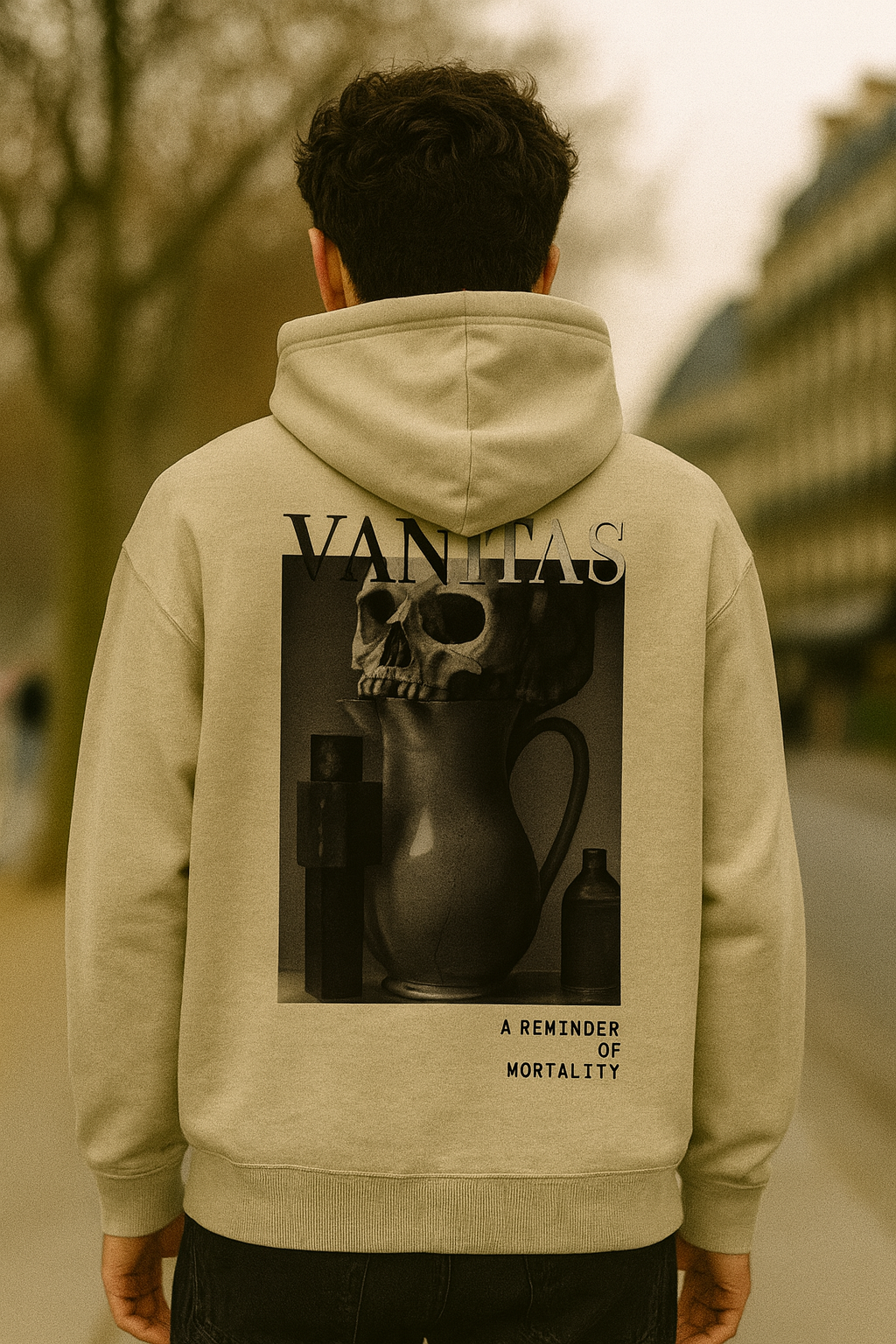Vanitas Gothic Oversized Hoodie – mineral grey worn