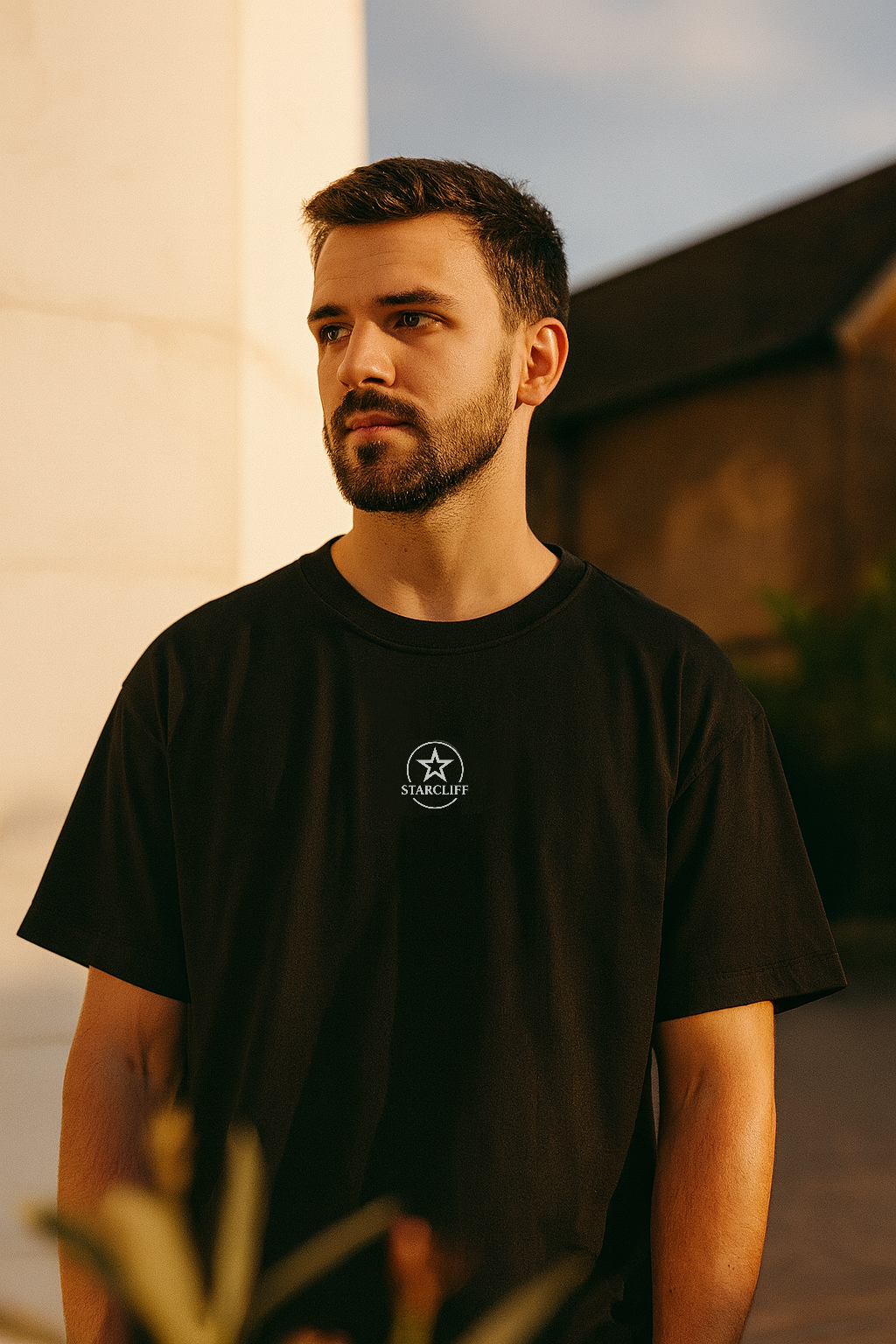 Vanitas Oversized Boxy Shirt – Black worn embroidery front