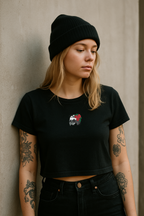 Vanitas Rose Baby Tee - black embroidery worn
