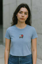 Vanitas Rose Baby Tee - blue embroidery worn