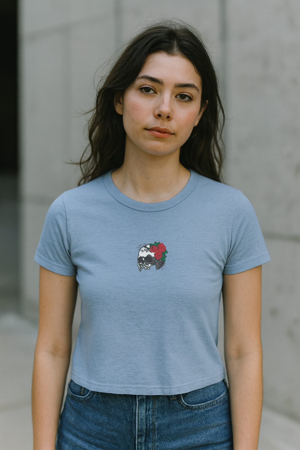 Vanitas Rose Baby Tee - blue embroidery worn