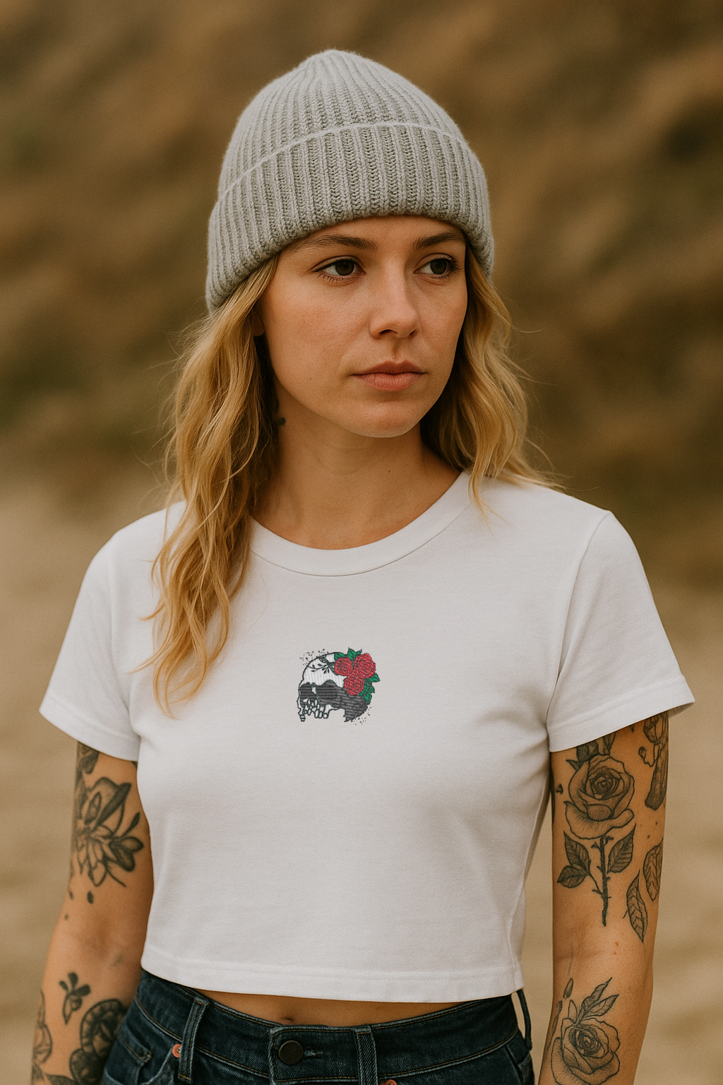 Vanitas Rose Baby Tee - white embroidery worn