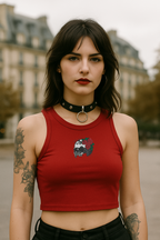 Vanitas Rose Gothic Embroidered Baby Tank red worn