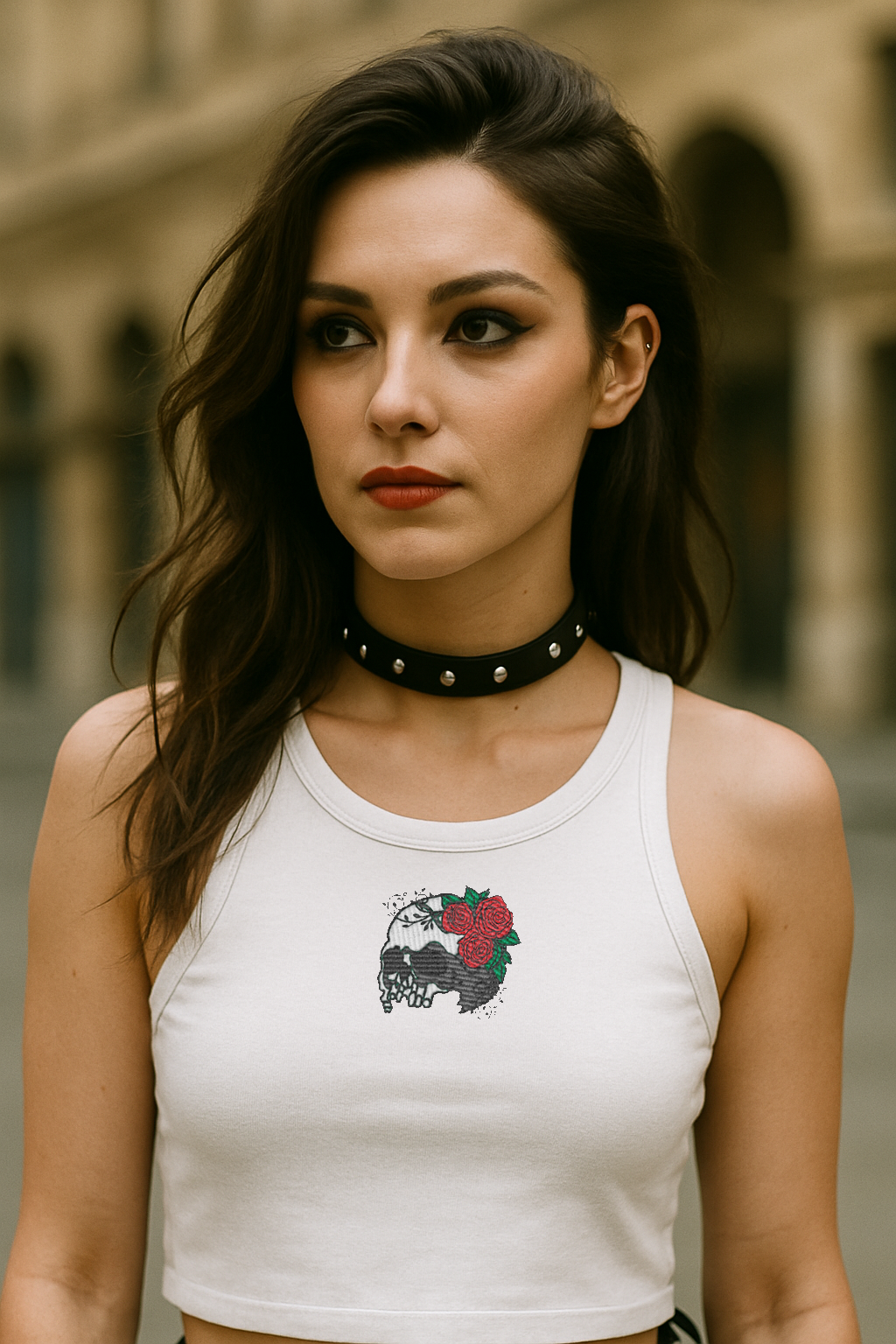 Vanitas Rose Gothic Embroidered Baby Tank white worn