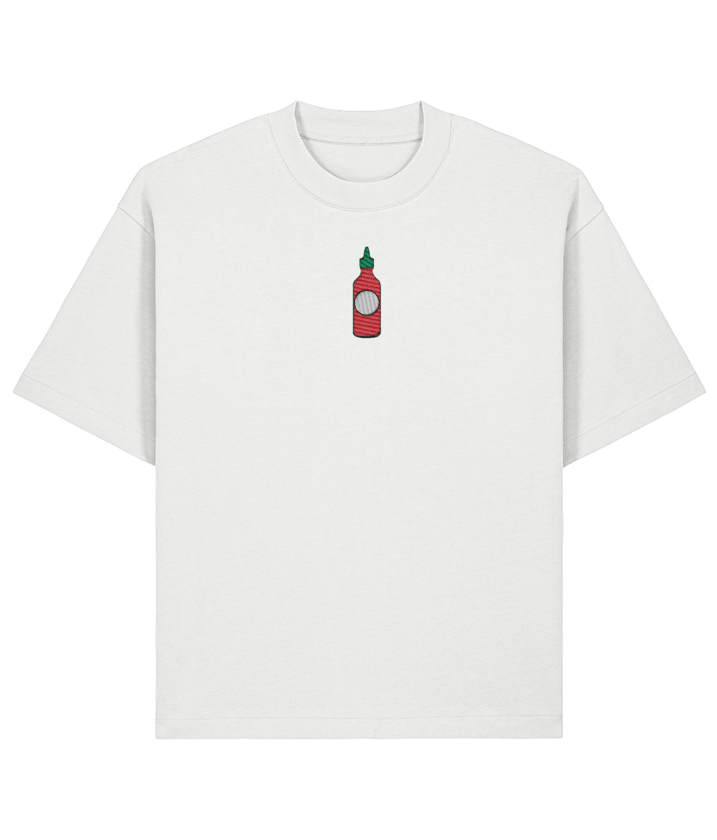 "Asian Hot Chili Sauce" Oversized Shirt — back print off-white sauce bottle detail